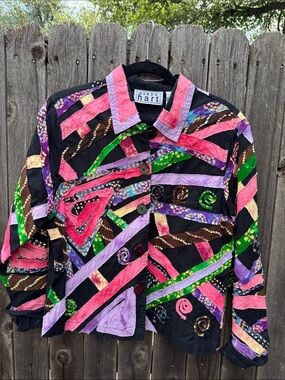Vintage KEREN hart Black Patchwork Art Jacket with Pink, Purple & Green Accents